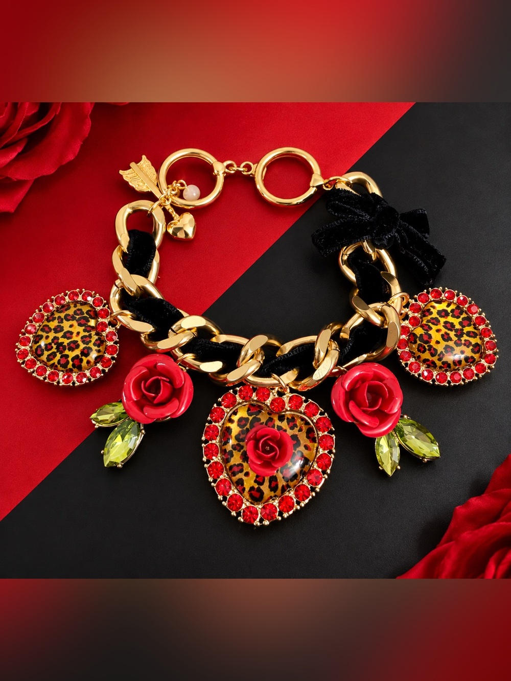 Betsey Johnson Gold-Tone Chain Bracelet with Red Roses & Leopard Heart Charms